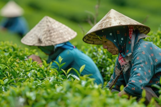 AI generated female workers collect harvests tea leaves by Hand at tea plantation photo