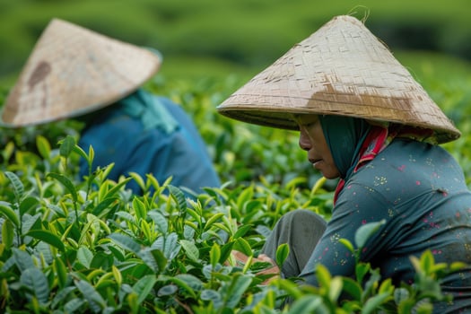 AI generated female workers collect harvests tea leaves by Hand at tea plantation photo