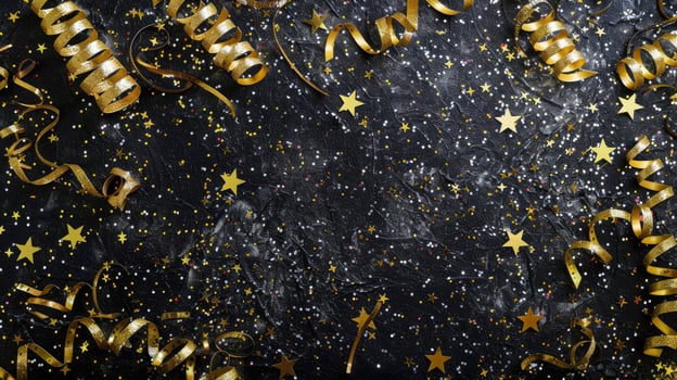 AI generated New Year's Eve corner border banner adorned with glittery gold stars and streamers, Ai Generated. photo