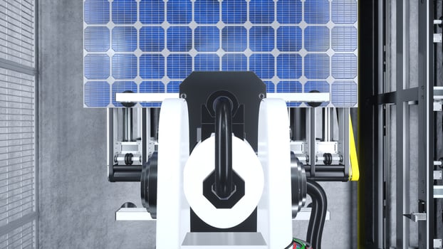 POV of robotic arms moving solar panels on conveyor belts during high tech production process in green energy factory, 3D illustration. Heavy equipment unit placing PV cells on assembly lines photo