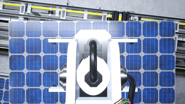 Aerial shot of cutting edge robotic arm placing solar panel on production line in green energy factory, 3D illustration. Machinery unit placing PV cells on modern conveyor belts, top down shot photo