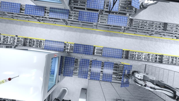Top down view of solar panel factory with industrial robot arms placing PV modules on conveyor belts, 3D illustration. Aerial shot of mass production warehouse producing renewable energy solar cells photo