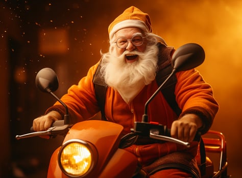 AI Generated Santa Claus delivers gifts riding a motorcycle. Santa bike photo