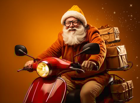 AI Generated Profile side view of his he nice funny cheery white-haired St Nicholas riding moped hurry up rush delivering bringing pile stack giftboxes isolated bright vivid shine vibrant yellow color photo