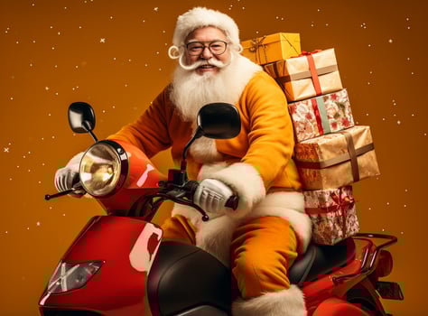 AI Generated Full length profile side photo of grey white hair bearded santa claus ride drive bike deliver gift box x-mas christmas night wear red headwear isolated yellow color background