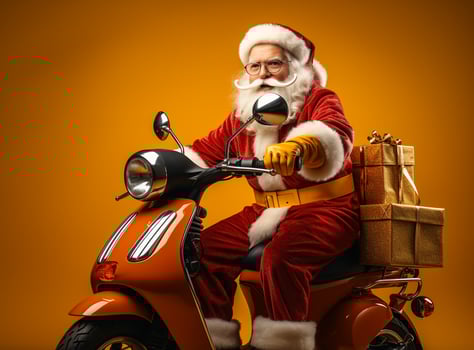 AI Generated Full length profile side photo of grey white hair bearded santa claus ride drive bike deliver gift box x-mas christmas night wear red headwear isolated yellow color background