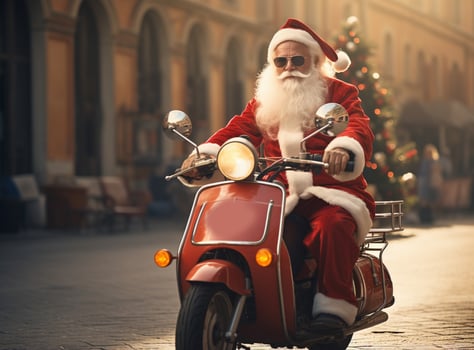 AI Generated Santa Claus delivers gifts riding a motorcycle. Santa bike photo