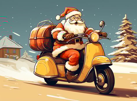 AI Generated Profile side view of his he nice funny cheery white-haired St Nicholas riding moped hurry up rush delivering bringing pile stack giftboxes isolated bright vivid shine vibrant yellow color photo