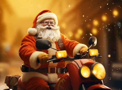 AI Generated Santa Claus on a scooter with a bag of presents photo