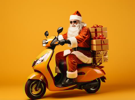 AI Generated Full length profile side photo of grey white hair bearded santa claus ride drive bike deliver gift box x-mas christmas night wear red headwear isolated yellow color background