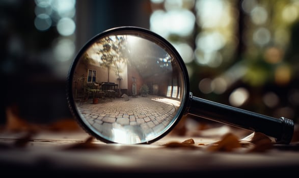 AI generated Magnifying glass looking at cobblestone street photo