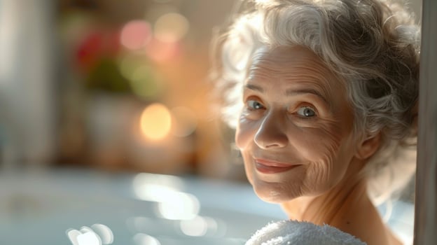 AI Generated Tranquil spa retreat. rejuvenating body care for lovely elderly woman amidst steam room, sauna, and water treatments, promoting relaxation and skin rejuvenation photo