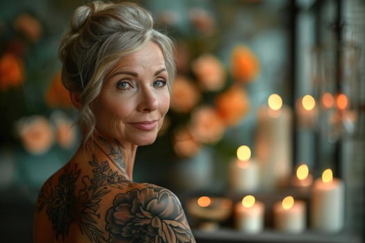 AI generated Tranquil spa retreat rejuvenating body care for lovely elderly woman amidst steam room, sauna, and water treatments, promoting relaxation and skin rejuvenation photo