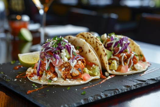 AI generated Mexican tacos with beef, tomatoes, onions and others on white background photo