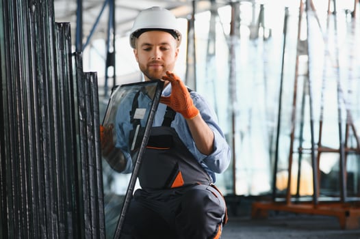 Workers transfer the glass. At the factory for the production of windows and doors of aluminum and PVC photo