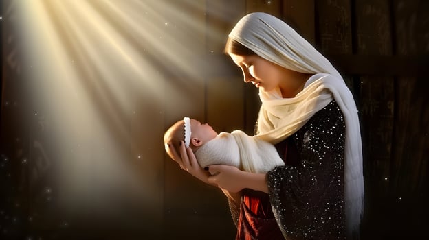 AI generated Mary hugging baby Jesus, Son of God, Christmas nativity scene photo