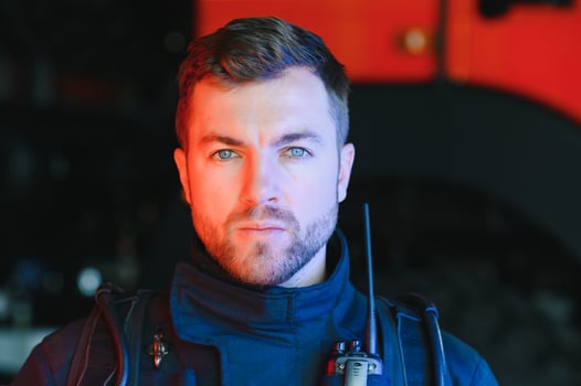 Portrait of police officers with serious faces looking at camera. FBI agent work at the scene at night. photo