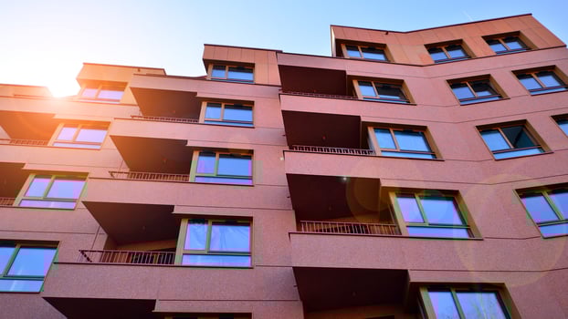 Modern architecture of urban residential apartment building. Apartment building exterior, residential house facade. photo