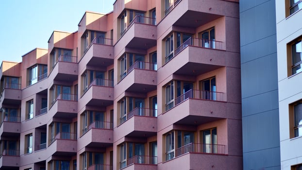 Modern architecture of urban residential apartment building. Apartment building exterior, residential house facade. photo