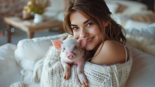AI generated Young woman cuddling with a piglet photo