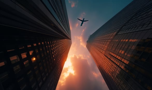 AI generated Airplane flying over the city during sunset photo