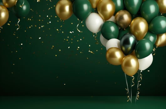 AI generated green background with green and gold balloons and confetti photo