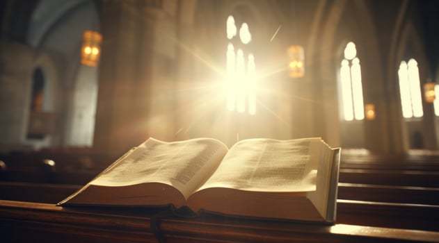 AI generated old bible on wooden pew in a church photo