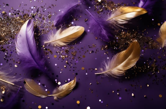 AI generated purple and gold feathers and gold gold confetti background photo