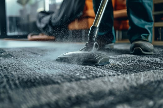 AI generated Professional cleaner washing a carpet with vacuum cleaner indoors. Generative AI photo