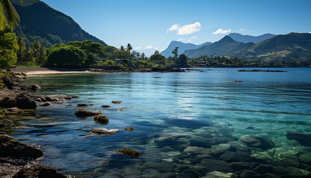 AI generated Tranquil mountain peak reflects in clear blue waters generated by AI photo