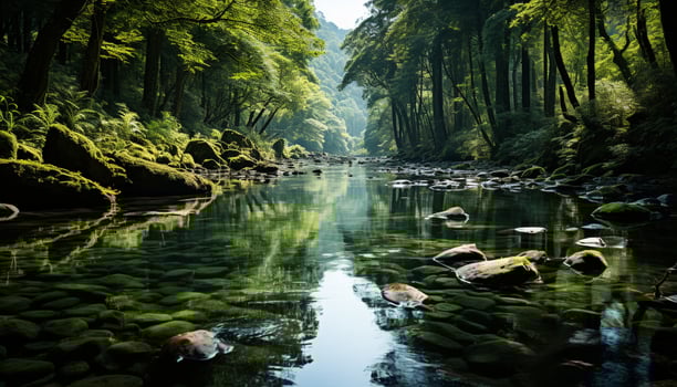 AI generated Tranquil scene green forest, flowing water, reflecting beauty in nature generated by AI photo