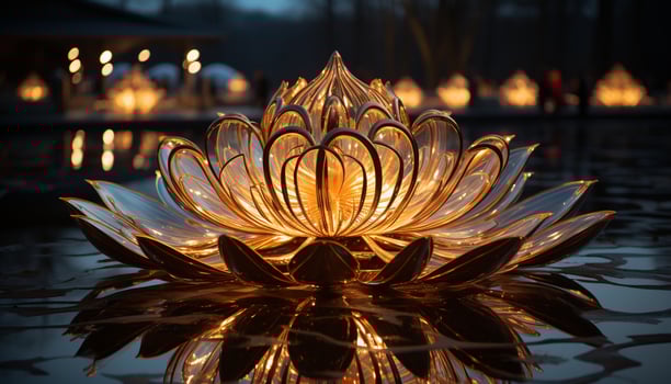 AI generated The glowing lotus reflects on the tranquil pond at dusk generated by AI photo