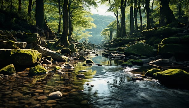 AI generated Tranquil scene green forest, flowing water, reflecting natural beauty generated by AI photo