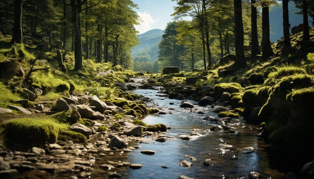 AI generated Tranquil scene green forest, flowing water, mountain peak, reflection generated by AI photo