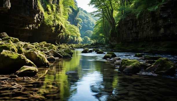 AI generated Tranquil scene green forest, flowing water, falling leaves, peaceful motion generated by AI photo