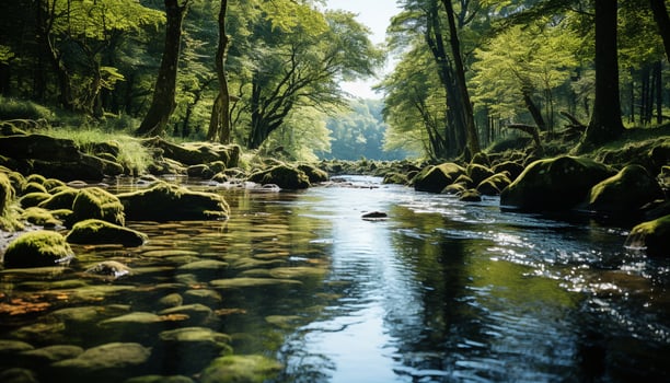 AI generated Tranquil scene green tree reflects in flowing water, nature beauty generated by AI photo
