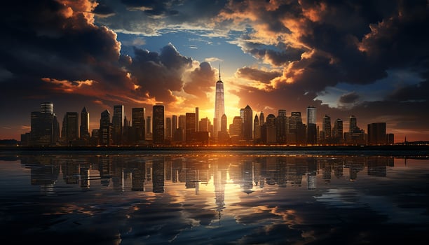 AI generated Cityscape silhouette reflects sunset on modern skyscrapers in waterfront skyline generated by AI photo
