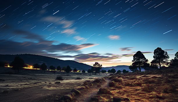 AI generated Majestic mountain peak, tranquil forest, star trail in night sky generated by AI photo