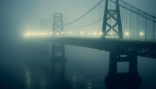 AI generated Suspension bridge silhouette reflects blue dusk, nature tranquil transportation connection generated by AI photo