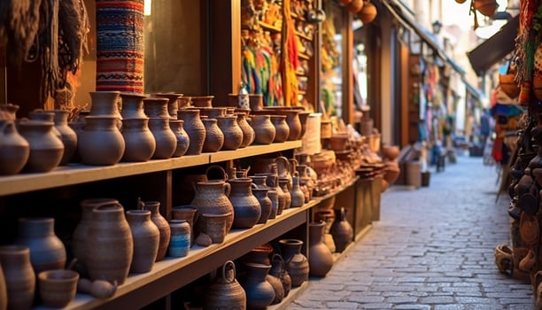 AI generated Ancient pottery collection, souvenir store showcases indigenous cultures' crafts generated by AI photo
