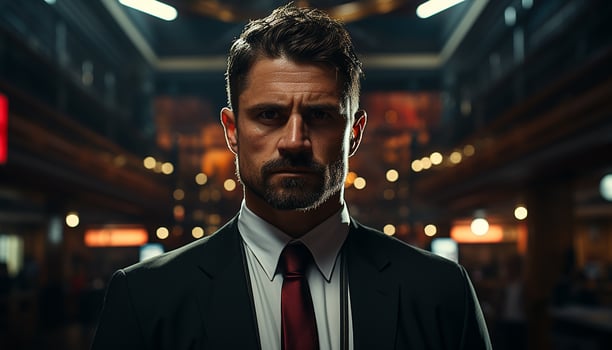 AI generated Confident businessman in suit, looking at camera in city at night generated by AI photo