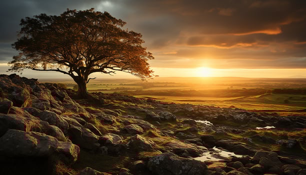 AI generated Sunset over the mountain range, a tranquil scene of beauty generated by AI photo