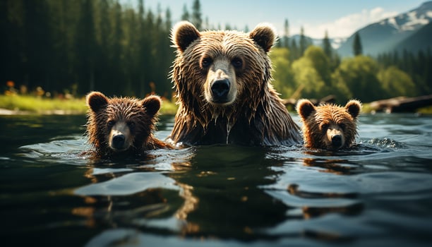 AI generated Cute bear cub swimming in tranquil pond, surrounded by nature generated by AI photo