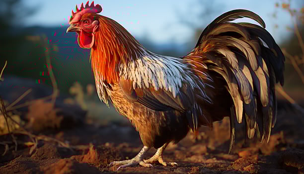 AI generated Majestic rooster standing in a vibrant meadow, exuding vitality generated by AI photo