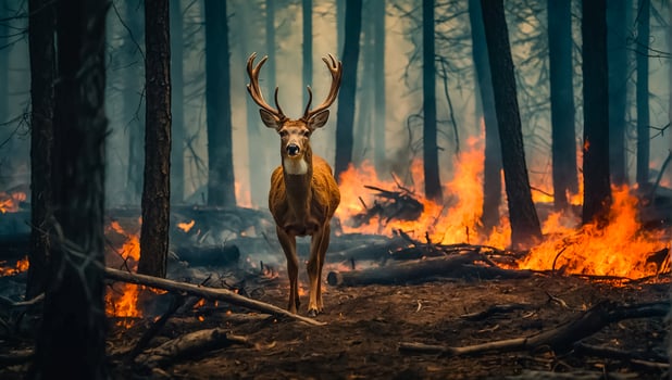 AI generated Deer forest fire, trees in smoke, flames photo