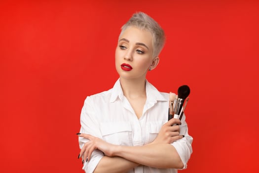 Close up portrait makeup artist. Make up courses. Concept of self visage masterclasess. Fashion professional. photo