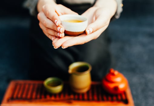 Chinese tea ceremony Asian wooden table board chaban top view copy space morning energy. photo