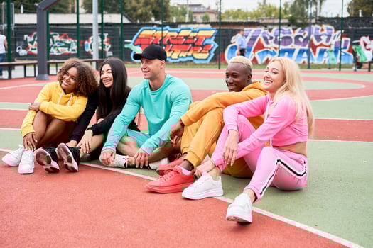 Multi-ethnic group people teenage friends. African-american, asian, caucasian student spending time together Multiracial friendship photo
