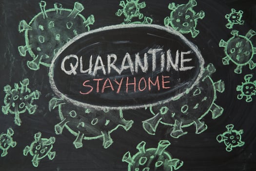 Quarantine. Outbreak Warning. written white chalk on blackboard in connection with epidemic of coronavirus worldwide. photo