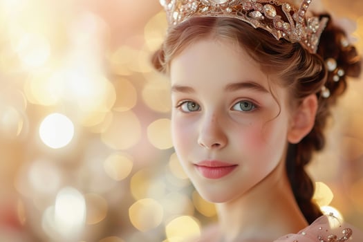 AI Generated Beauty pageant contest. 12 years old girl in tiara and beautiful dress, winner photo